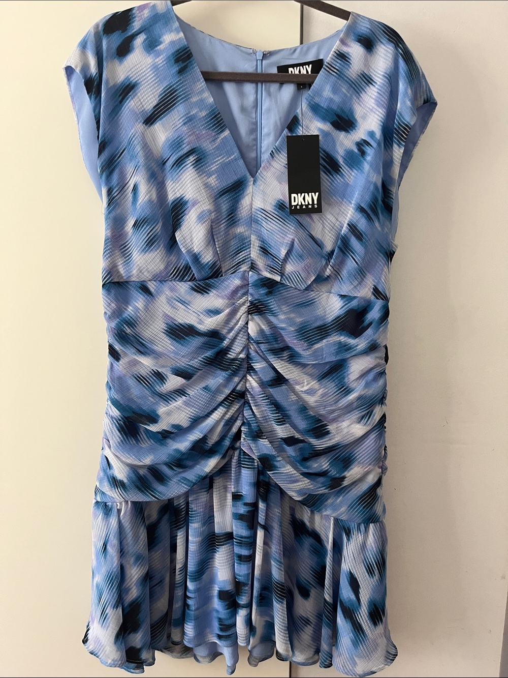 DKNY Blue and Black Abstract Ruched V-Neck Midi Dress